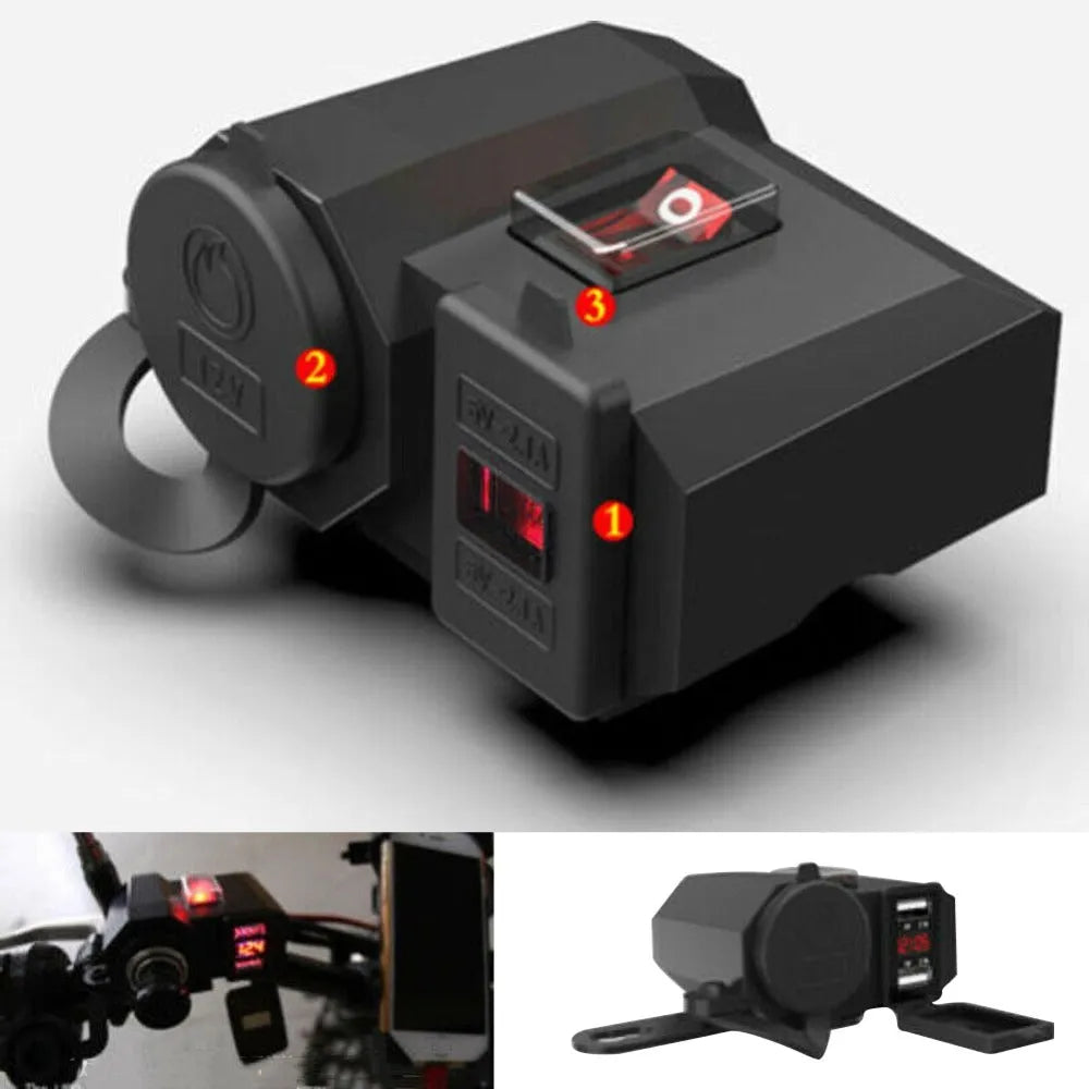 Motorcycle USB waterproof car charger with dual ports voltmeter and cigarette lighter black