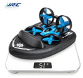 JJRC H36F Terzetto 3-in-1 RC toy shown transforming between drone, car, and boat modes with 2.4GHz remote.