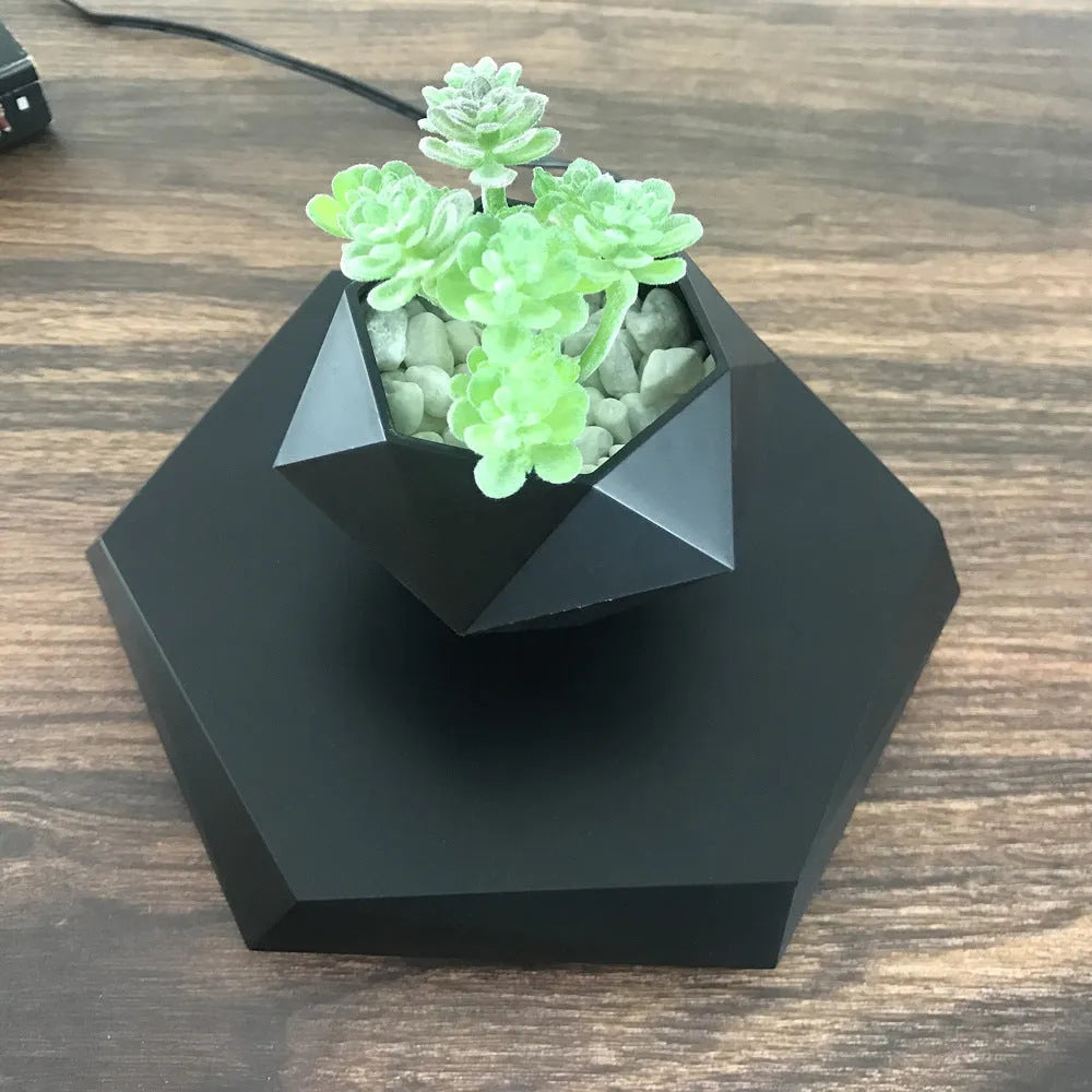 Hexagonal wood grain magnetic levitating flower pot floating 15mm above circular base