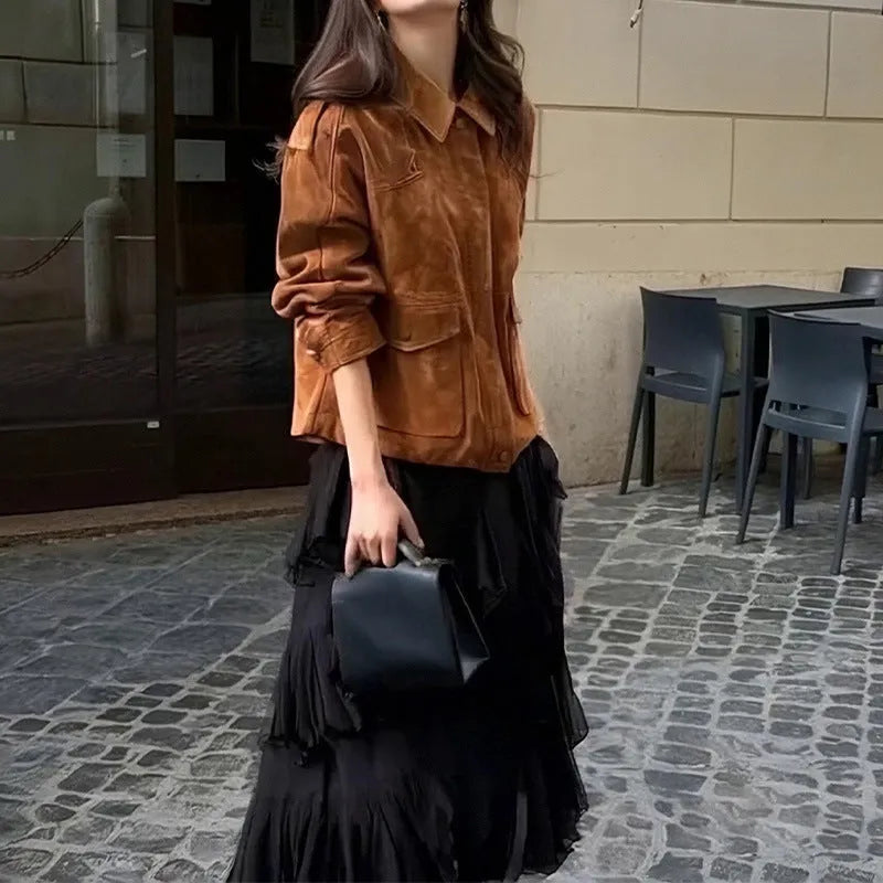 Women's bright brown polyester suede coat with regular sleeves, street chic style