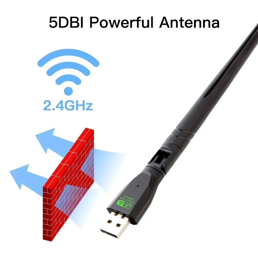 Black USB WiFi 6 wireless network card adapter on a white background.