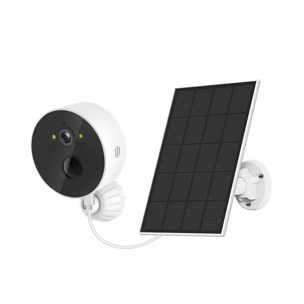 Solar-powered outdoor security camera with separate solar panel unit