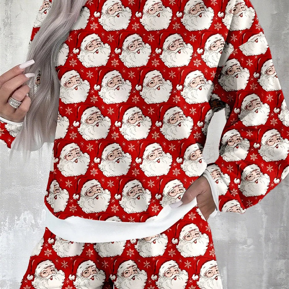 Women's printed long sleeve top and shorts casual suit set in contrast colour, polyester fabric, Japanese Korean style