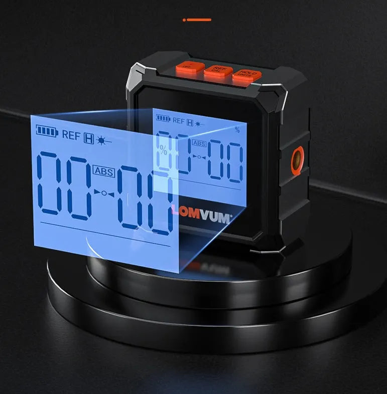 Longyun digital laser inclinometer with black alloy casing and backlit display on a metal beam.