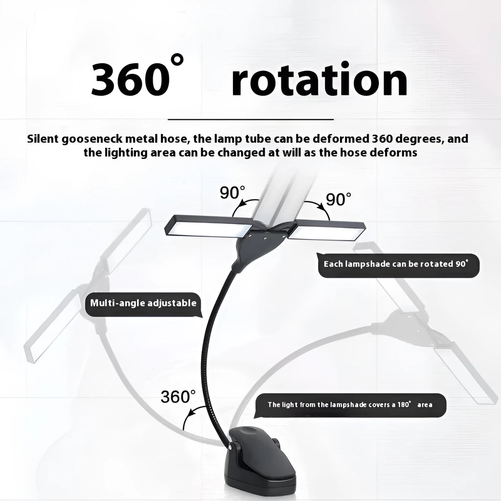 Rechargeable black music stand light with 28 LEDs placed on a music stand.
