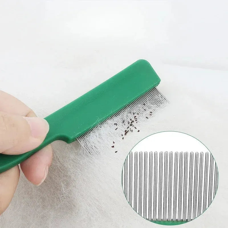 Green plastic-handled pet flea comb with stainless steel pins for dogs and cats.