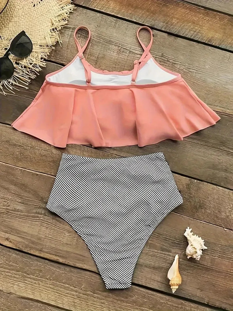 Women's conservative swimsuit with ruffles in high-waisted brief style