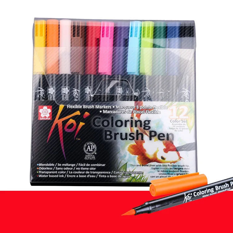 Set of water-based watercolour brush markers with soft flexible tips, shown in 12 colour options.