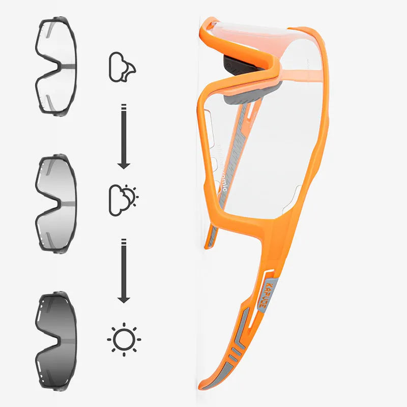 Photochromic cycling sunglasses with semi-rimless TR90 frame in one of 14 colour options.