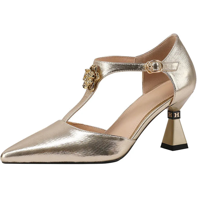 Women's pointed toe leather sandals with hollowed design in gold and silver colour options