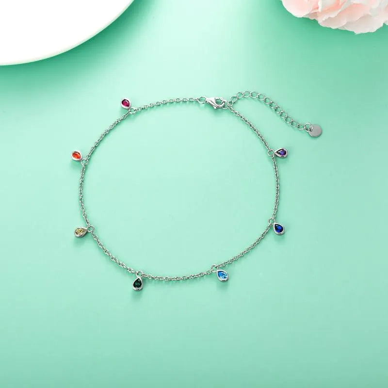 Sterling silver anklet with rainbow oval crystal stones on white gold plated 1.2mm cable chain