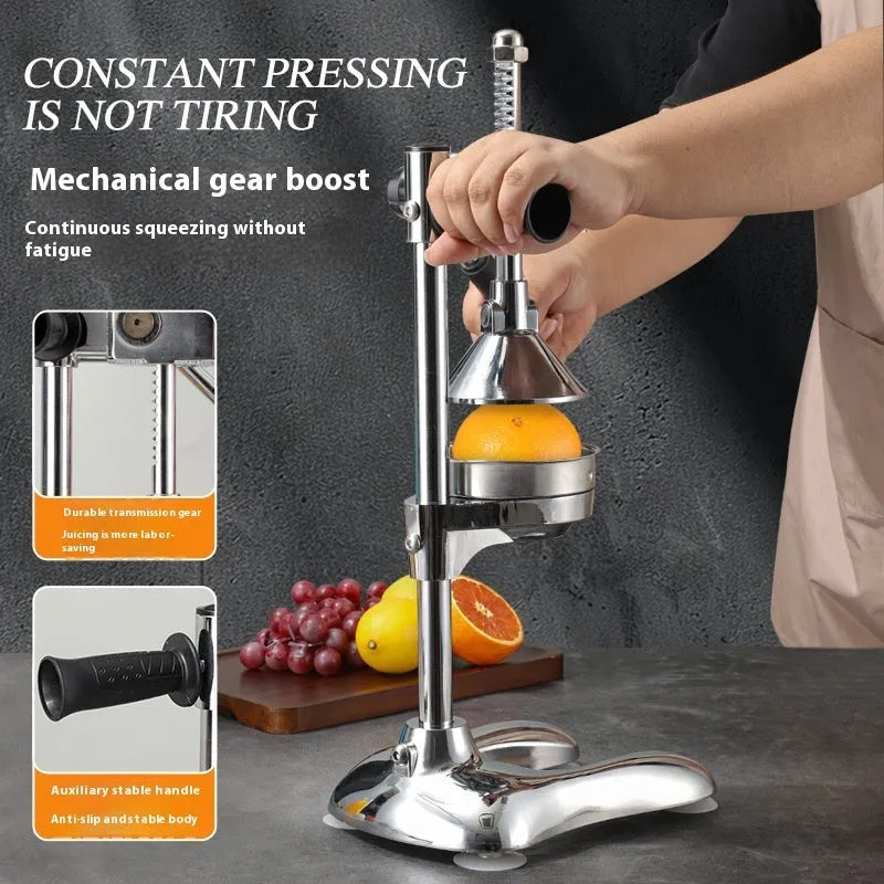 Vertical stainless steel manual citrus juicer on a kitchen counter showing different head type options.