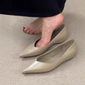 French Minimalist Pointed Toe Height Increasing Insole Flat Bottom Pumps in Black and Granny Grey Sizes 35-40 with Flanging, Stitching and Leather Stitching Simple Style Solid Colour Rubber Sole
