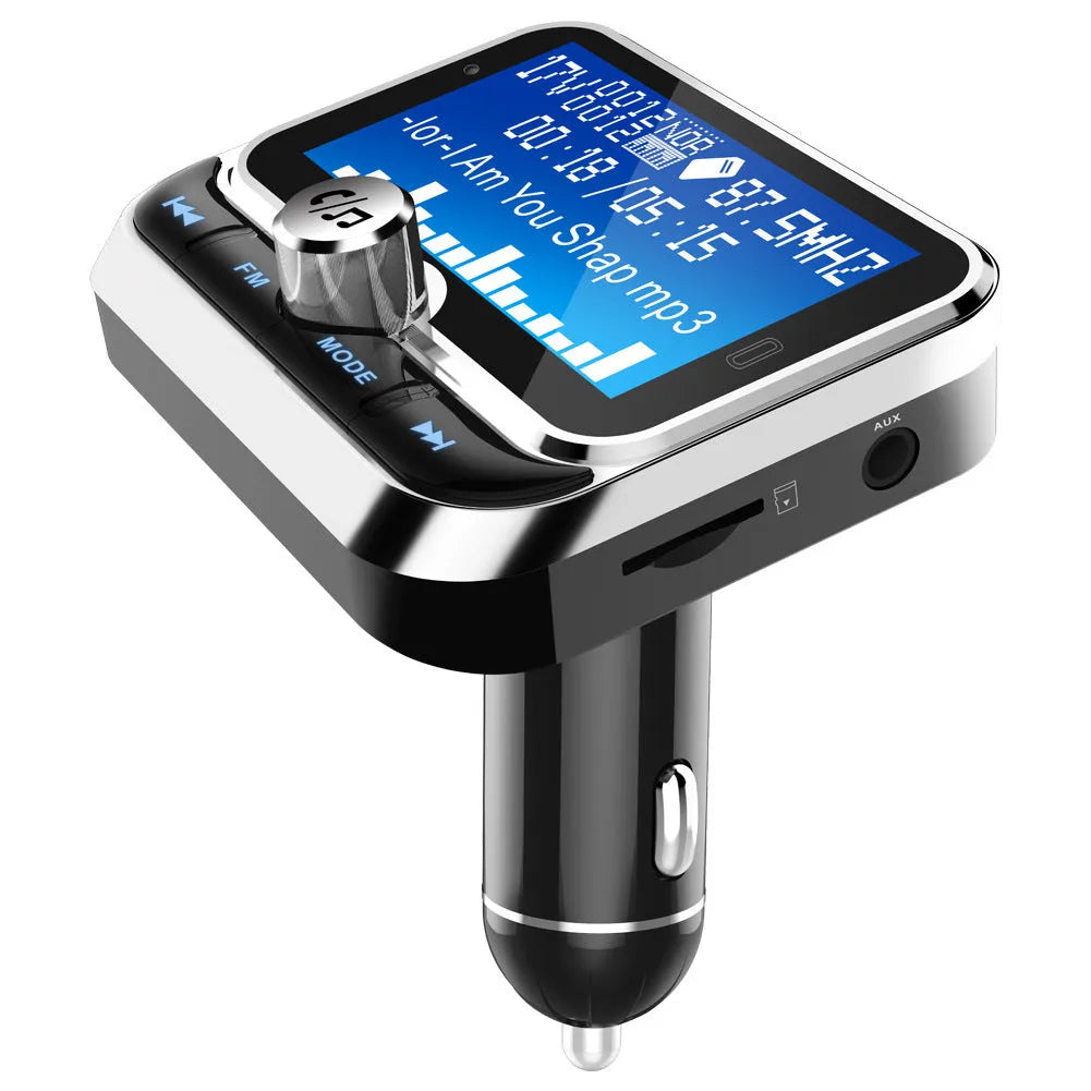 Silver car MP3 player with LCD display, Bluetooth, USB charging, and TF card slot