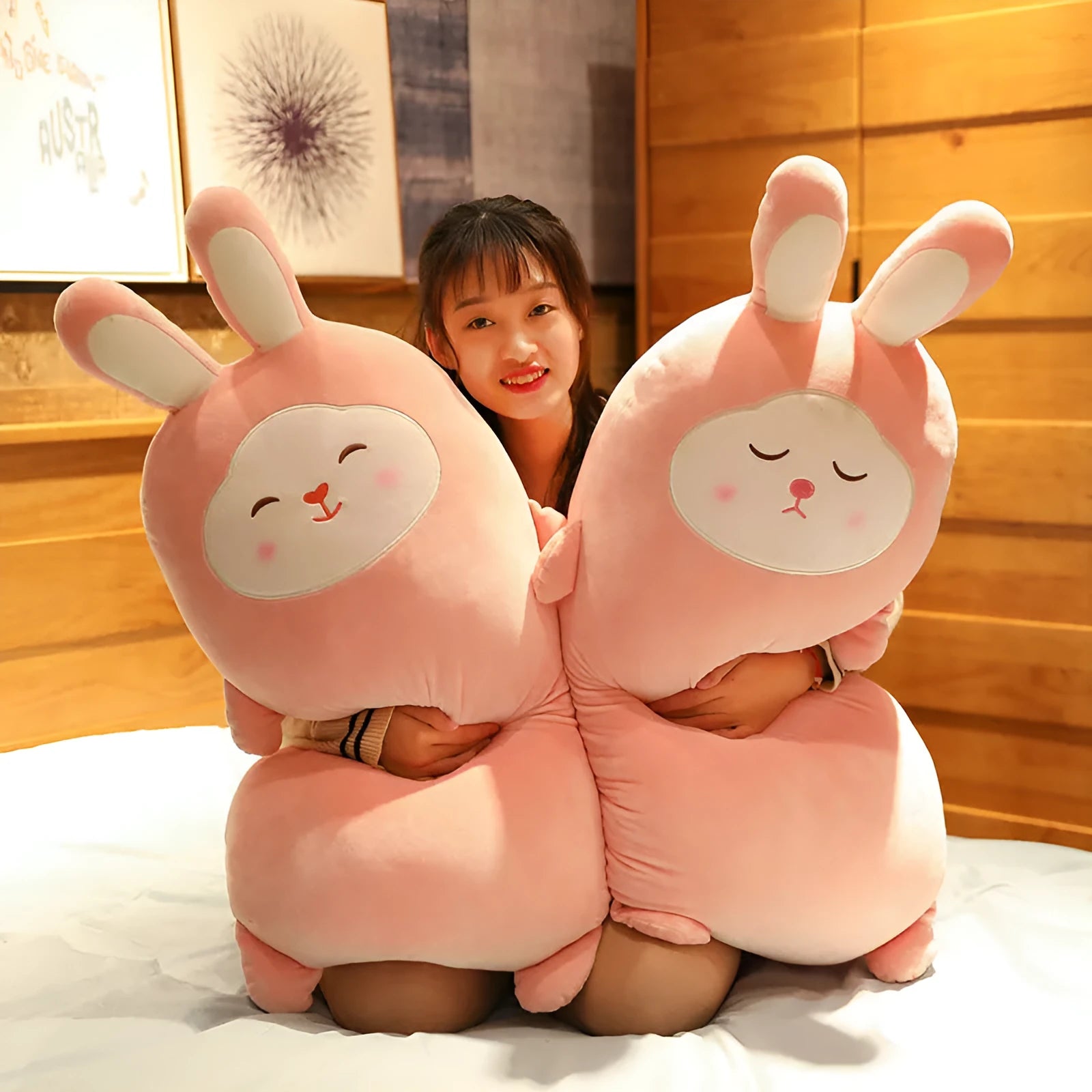 Cherry blossom pink rabbit plush doll with super soft elastic fabric, available in three sizes with different facial expressions