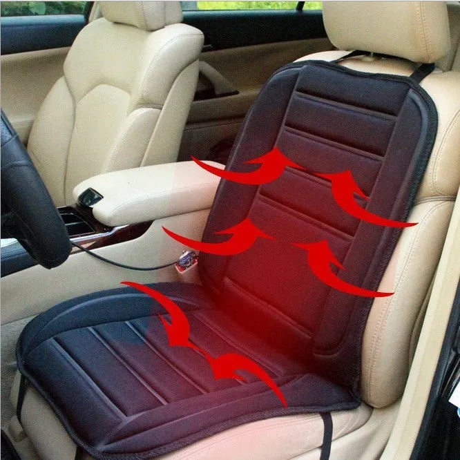 Black car heating cushion with elastic straps on a car seat, 12V plug and temperature control switch visible