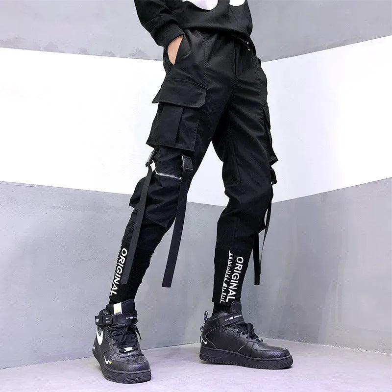 High-end cargo pants with embroidery for men, loose fit, nine-tenths length, mid-waist, black colour option