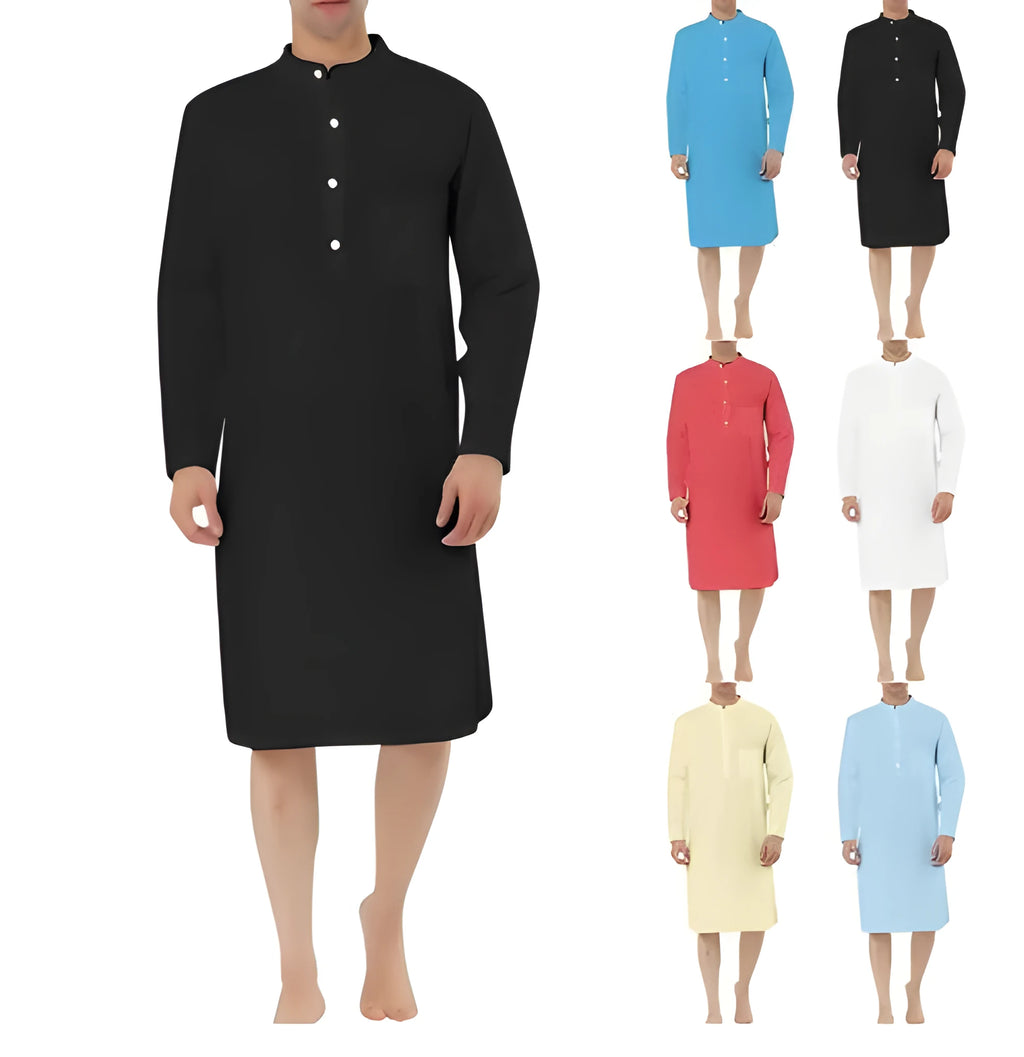 Men's cotton shirt robe in a shirt style with front pockets, shown in multiple colour options