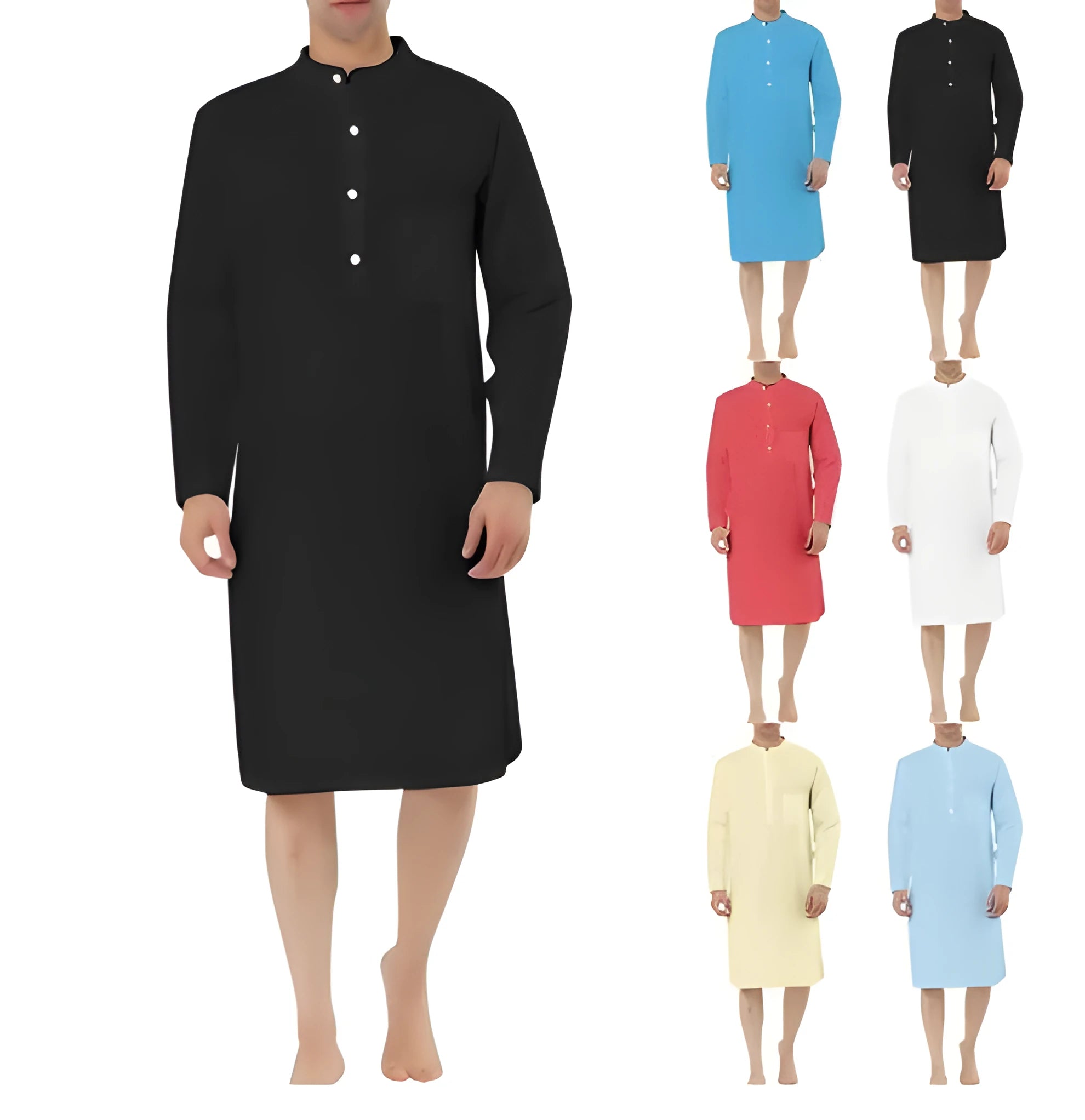 Men's cotton shirt robe in a shirt style with front pockets, shown in multiple colour options