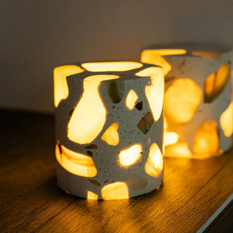 Terrazzo nightlight with tri-colour dimming on bedside table