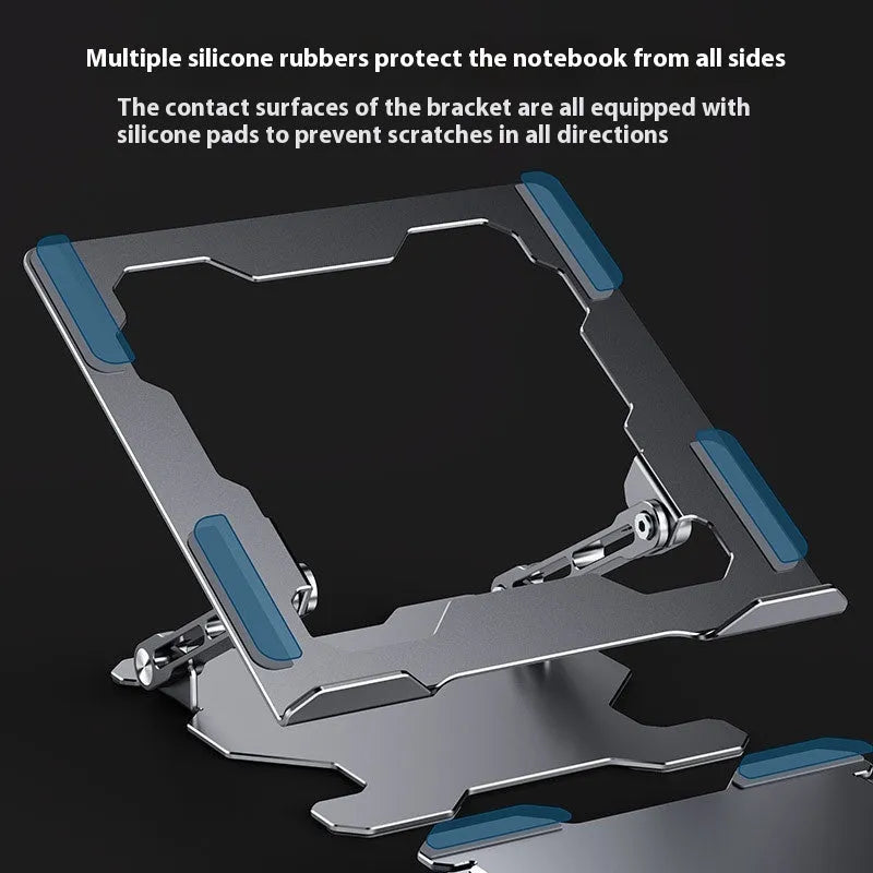 Silver aluminium foldable lifting laptop stand on a desk with a laptop placed on top