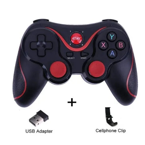 Black and white X3 version wireless Bluetooth game controller for Android phones with mobile phone clip.