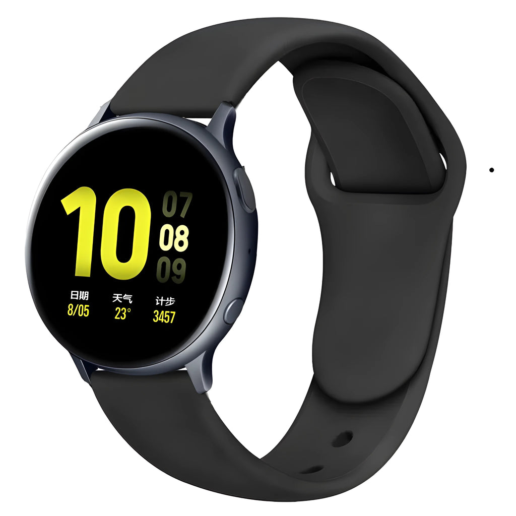 Samsung Galaxy Active 2 watch with a purple reverse buckle silicone strap on a wrist.