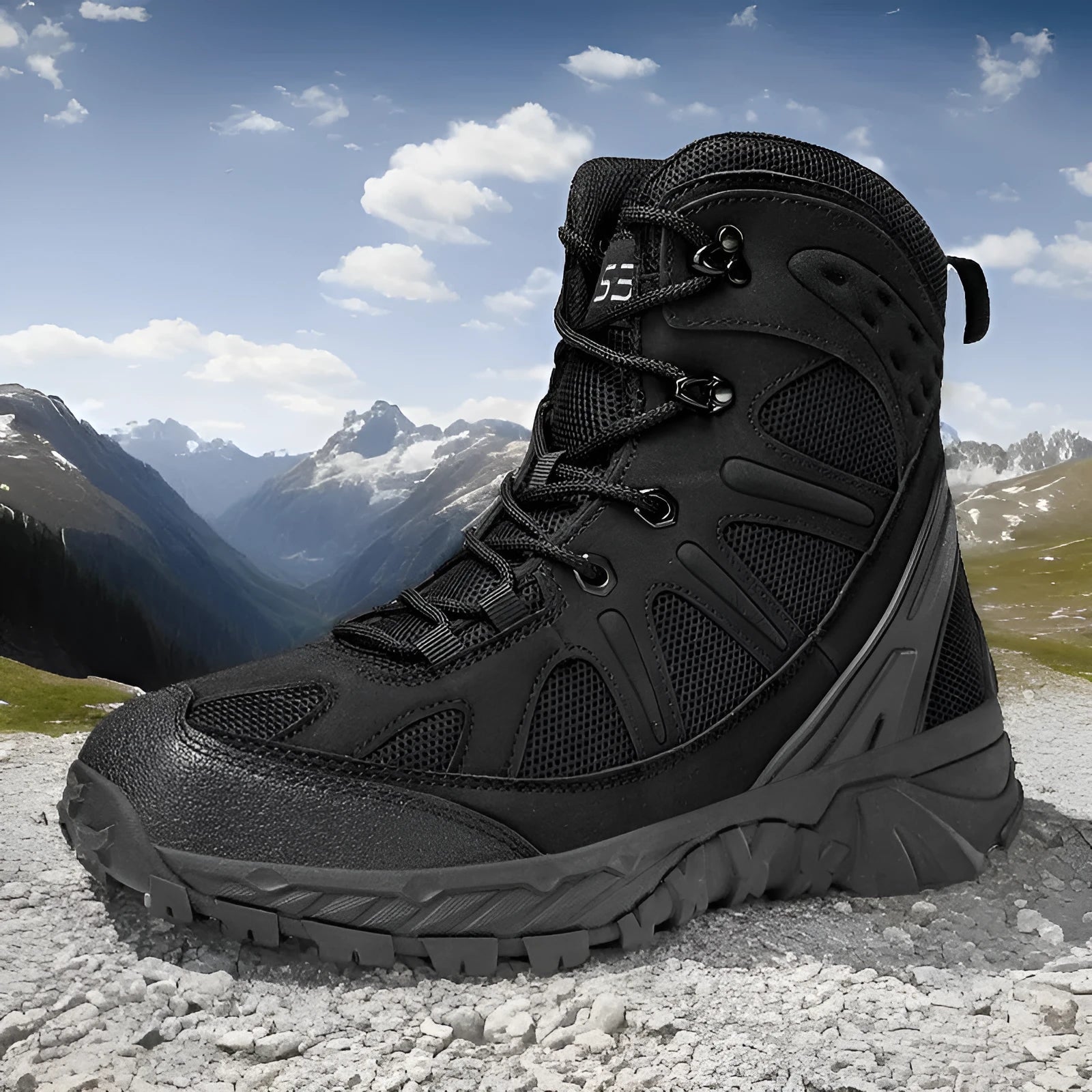 Men's black anti-skid combat hiking boots with lace-up front and rubber sole.