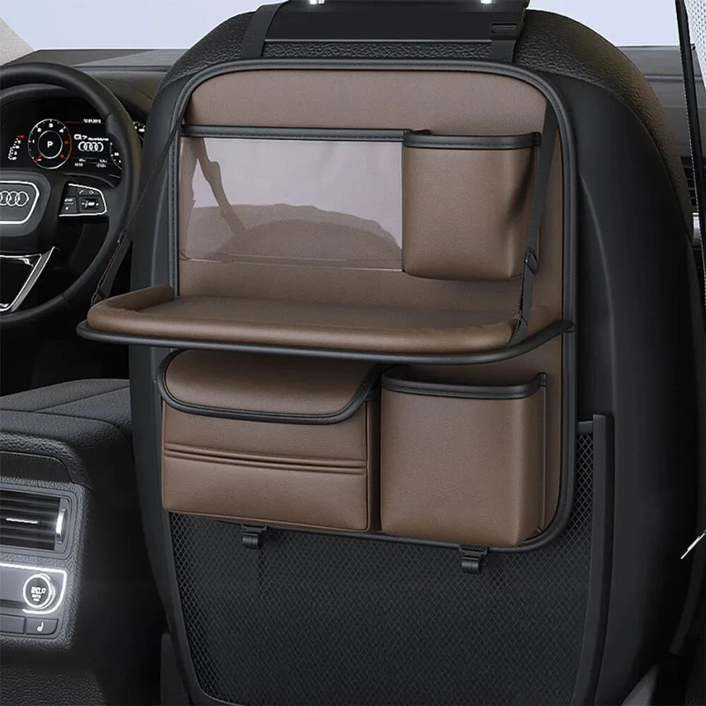 Leather car seat storage bag with fold-out table in black, grey, green, or brown
