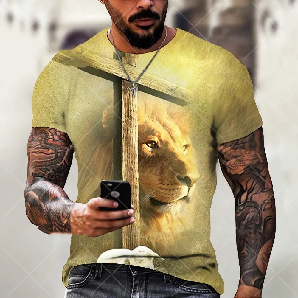 Men's grey t-shirt featuring a 3D printed Jesus pattern on the chest, with short sleeves.