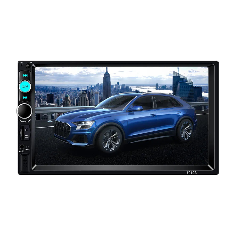 7-inch HD Bluetooth car multimedia player on a dashboard showing connectivity options.