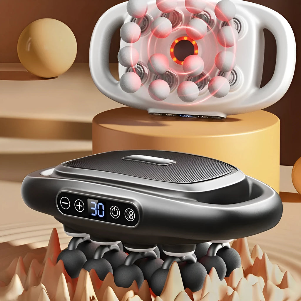 Black multi-head muscle relaxation massager with LED screen for calf back and waist, showing 16 heads