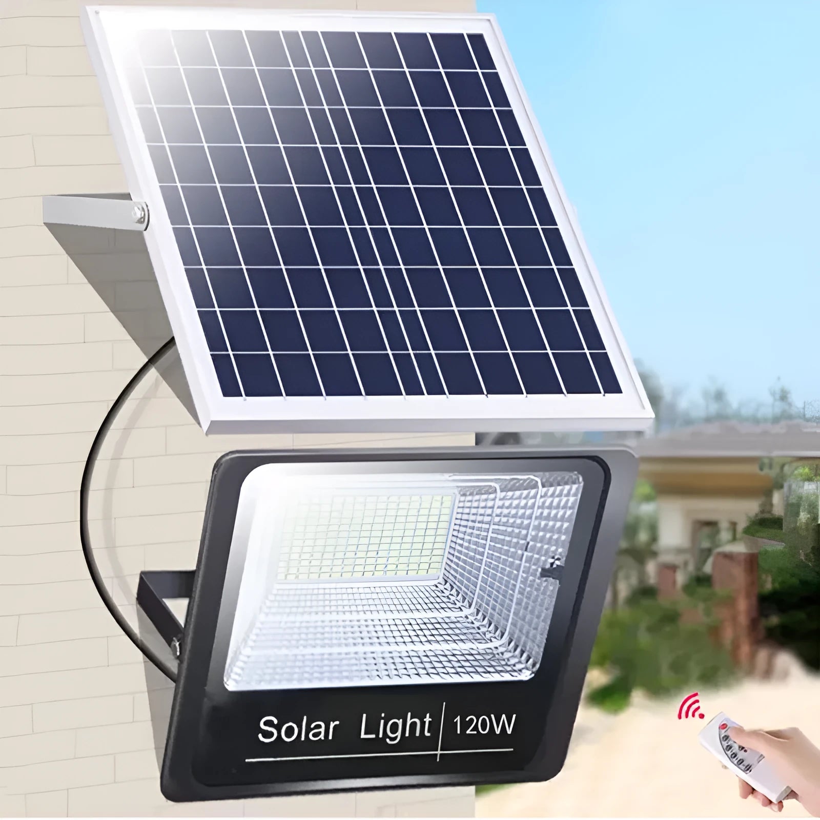 Black Cornucopia solar-powered LED flood light mounted on a wall bracket with remote control.
