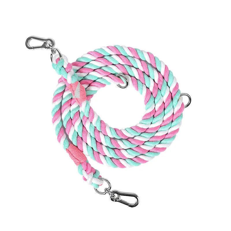 Woven rainbow coloured dog leash with clips at both ends, shown in a choice of colours with silver or gold fittings.