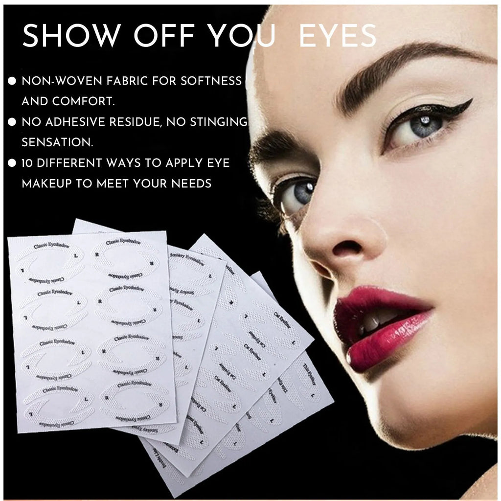 Set of four reusable flexible eyeliner and eyeshadow stencil templates on a pink background.