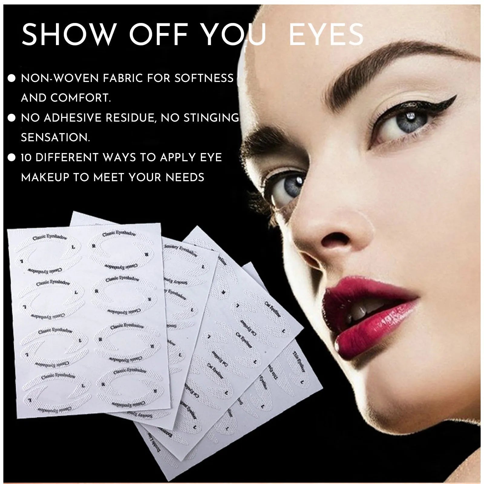 Set of four reusable flexible eyeliner and eyeshadow stencil templates on a pink background.