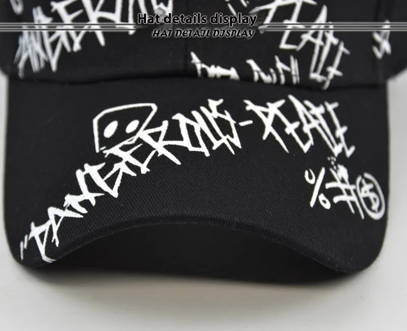 Unisex cotton baseball cap with adjustable curved brim, embroidered letter pattern, in black colour