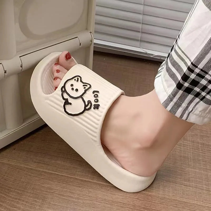 Cat-shaped thick platform EVA slippers in various colours on a non-slip sole