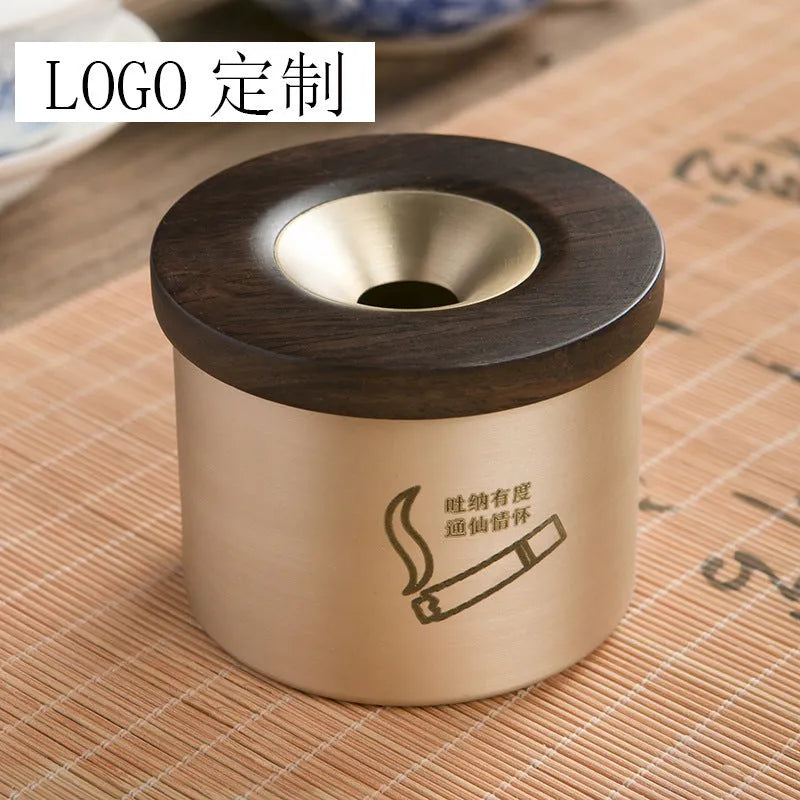 Solid copper retro ashtray with a wooden lid in black or rosewood finish.