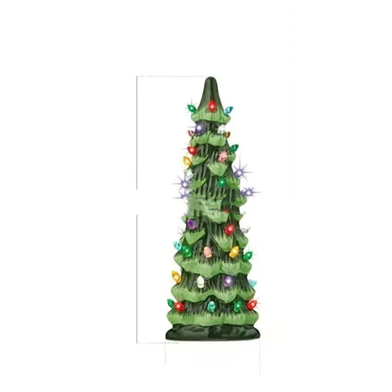A resin Christmas tree decoration with lights, shown in a European style, suitable for indoor or courtyard use.