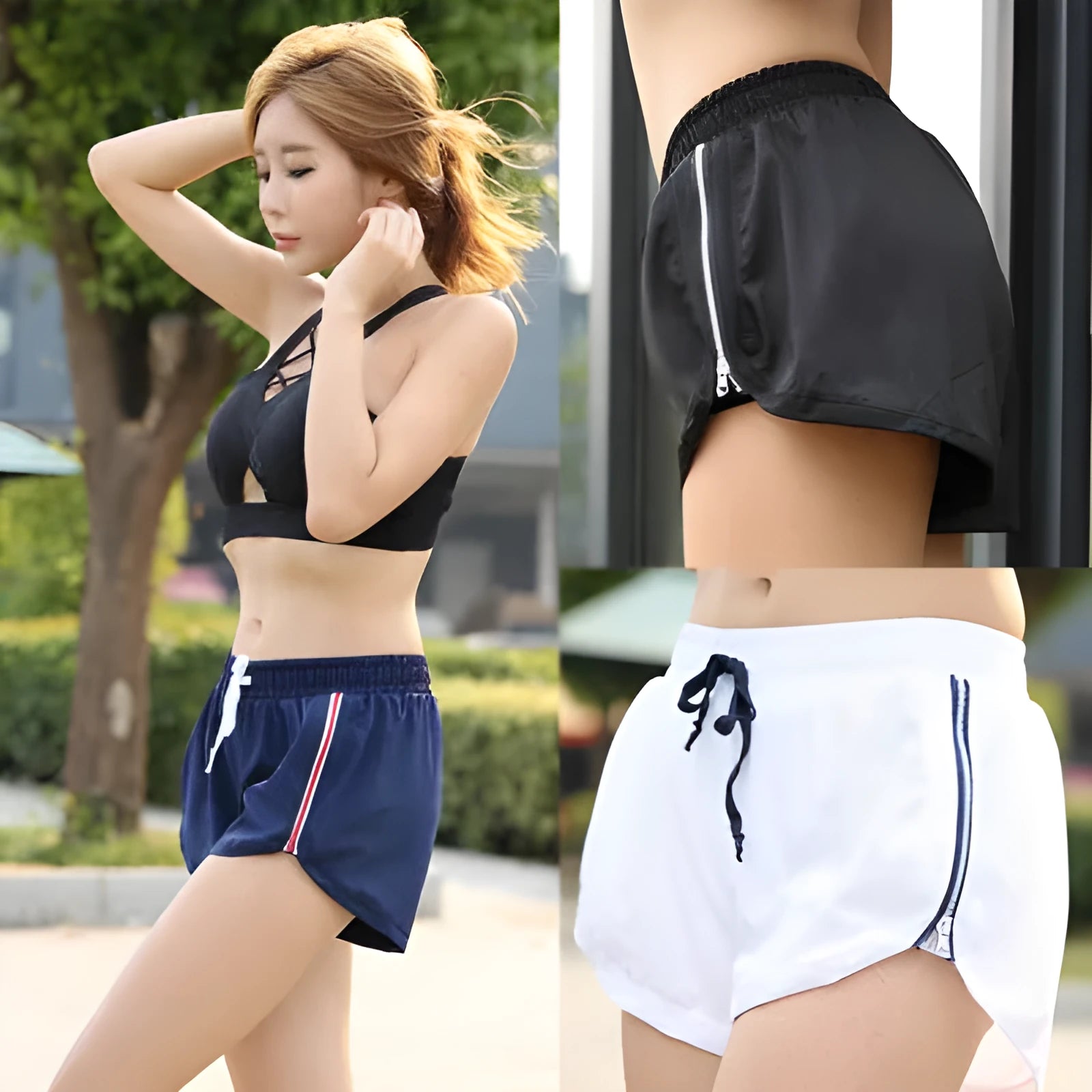 Striped sports yoga shorts for women in polyester fiber, available in black, navy blue, and white, sizes S to XL.