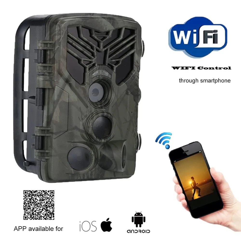 Wi-Fi830 compact trail camera showing lens, infrared LEDs, and belt mount strap.