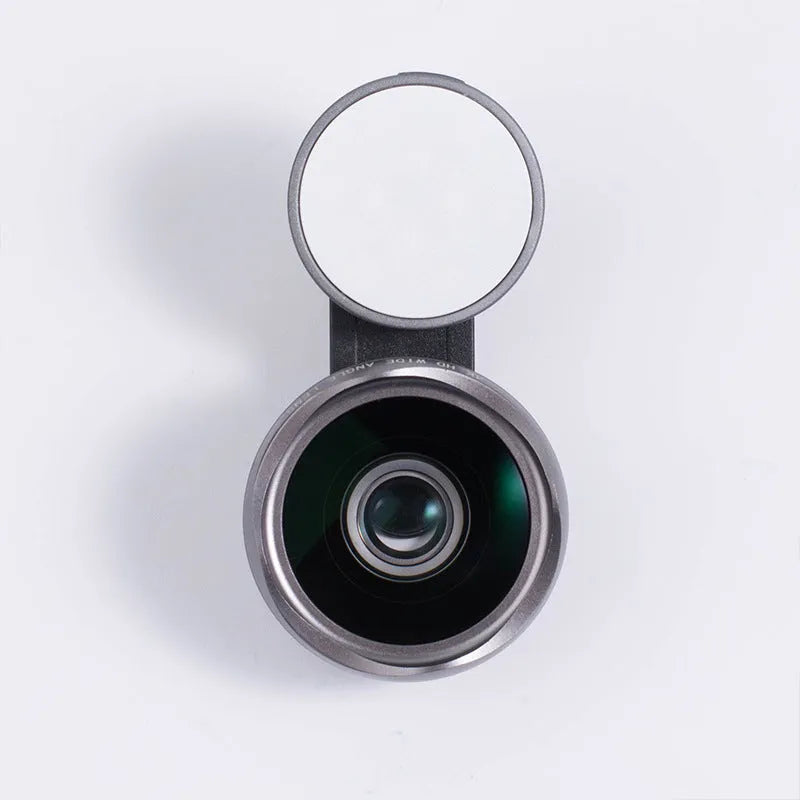 External wide-angle mobile phone camera lens with colourful LED lights in black, red, and silver grey