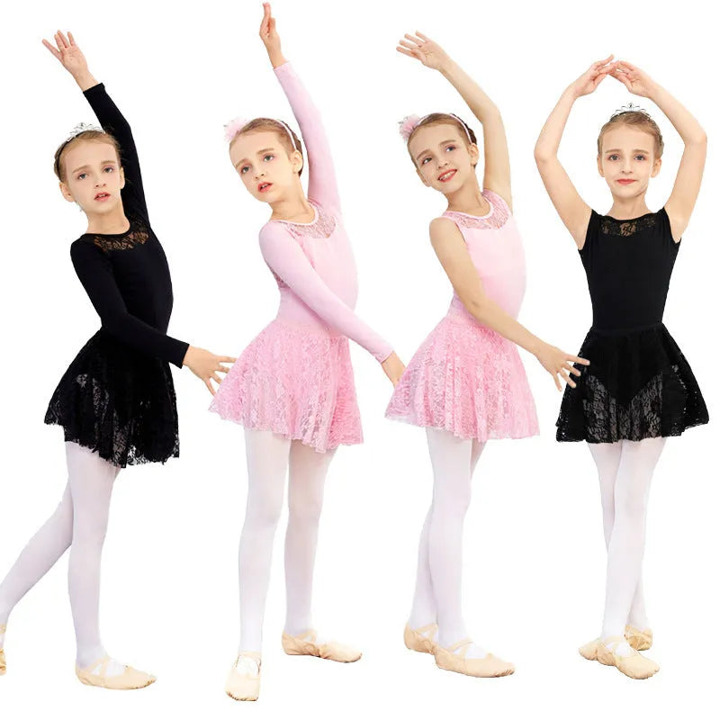 Girls short-sleeve ballet practice dress in Lycra cotton with lace trim available in black pink wine red