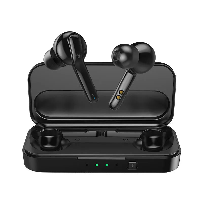 Black and white true wireless earbuds with charging case, showcasing compact plastic design for Bluetooth audio