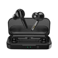 Black and white true wireless earbuds with charging case, showcasing compact plastic design for Bluetooth audio