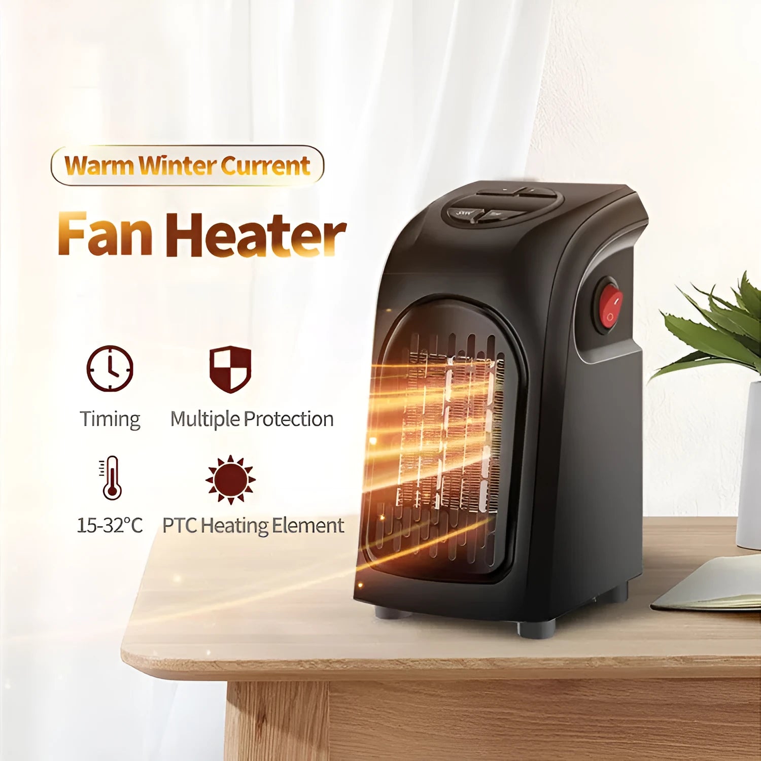 Small black ceramic fan heater on a table showing control buttons and compact size.
