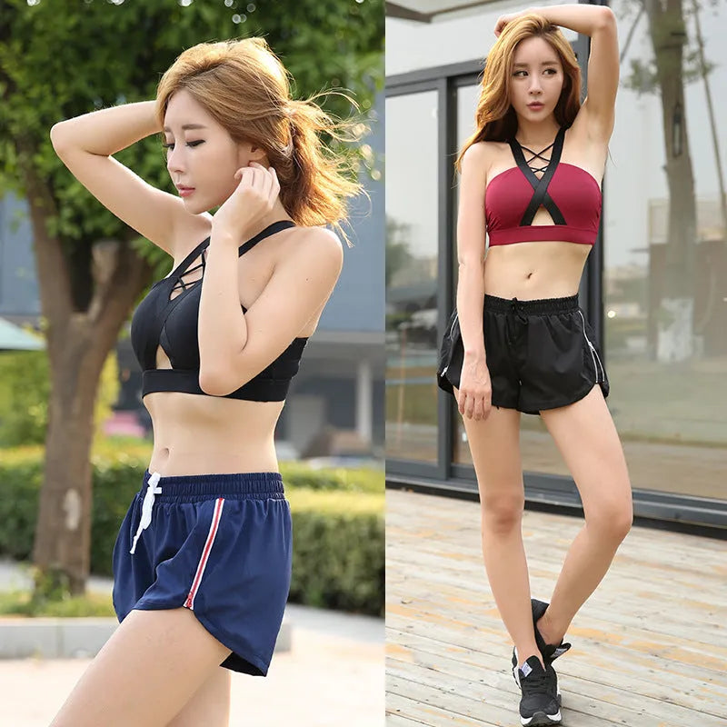 Striped sports yoga shorts for women in polyester fiber, available in black, navy blue, and white, sizes S to XL.