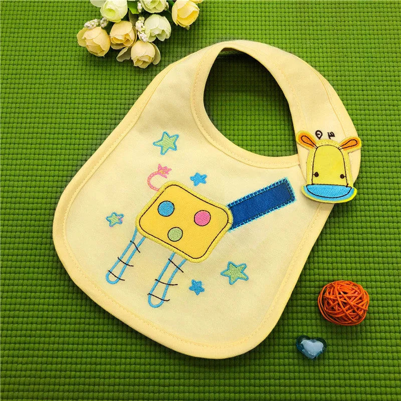 Three-layer waterproof polyester cotton baby bib with cartoon animal pattern in blue car design