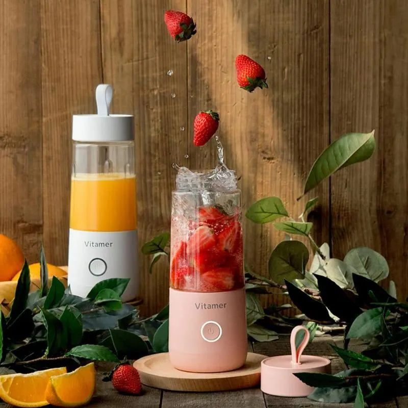 White portable USB blender bottle with 350ml Tritan cup and silicone lifting ring